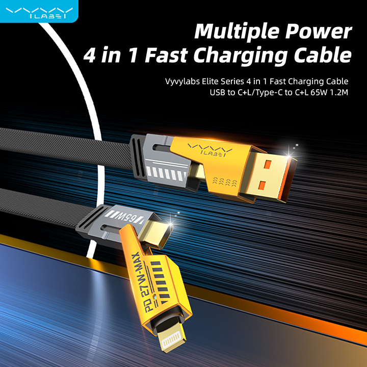 Picture of Vyvylabs Elite Series 4 in 1 Fast Charging Cable USB to C+L/Type-C to C+L 65W 1.2M Black