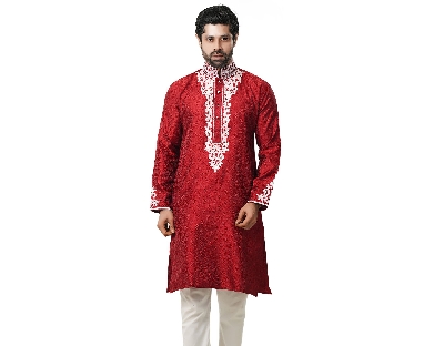 Picture of Indian katan panjabi for men new collection 2024 stylish | Indian wedding panjabi for men red color | Winter panjabi for men