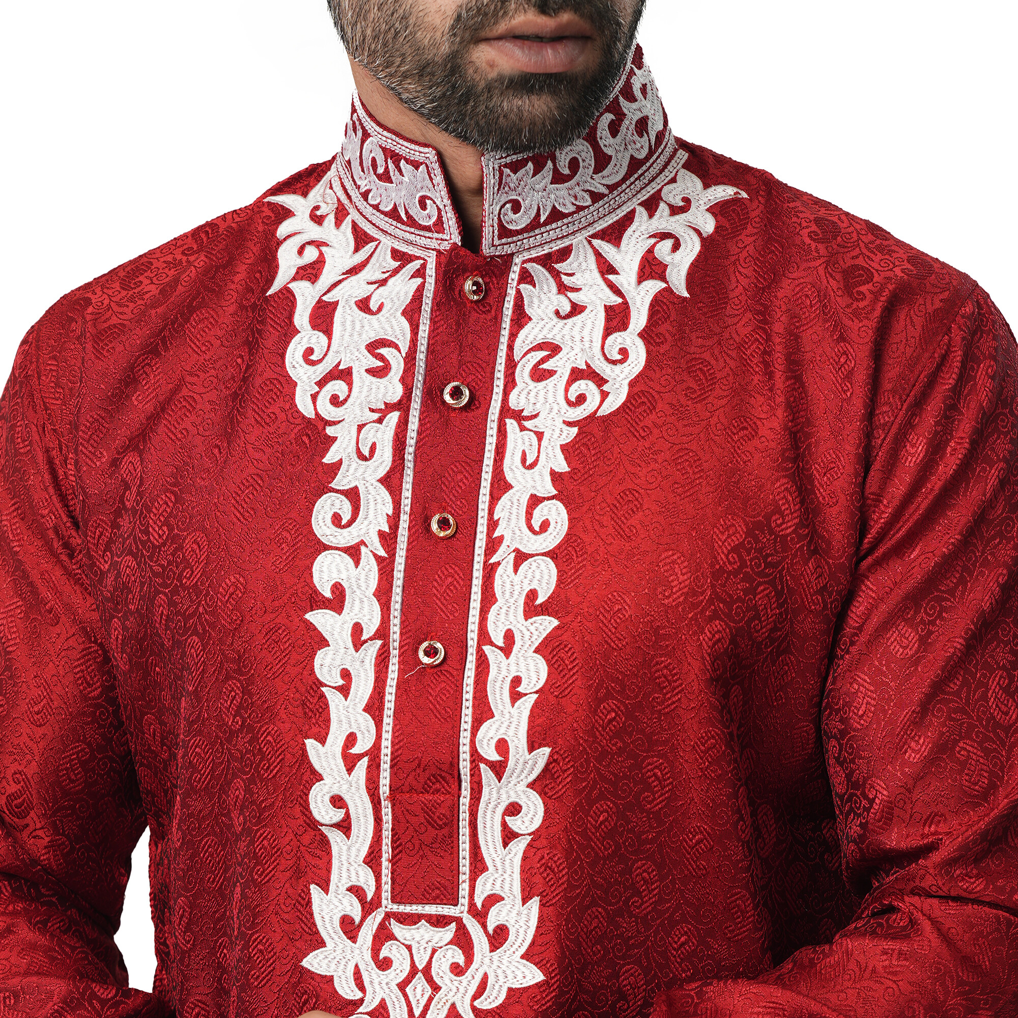 Picture of Indian katan panjabi for men new collection 2024 stylish | Indian wedding panjabi for men red color | Winter panjabi for men