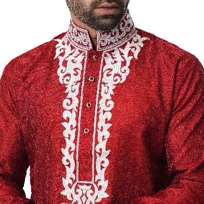 Picture of Indian katan panjabi for men new collection 2024 stylish | Indian wedding panjabi for men red color | Winter panjabi for men