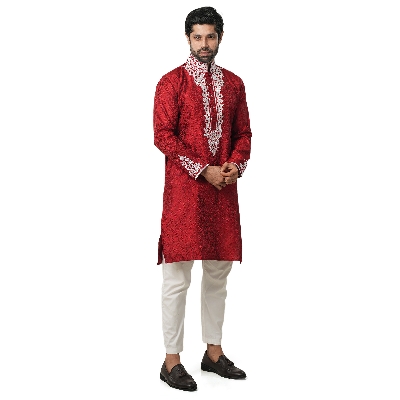 Picture of Indian katan panjabi for men new collection 2024 stylish | Indian wedding panjabi for men red color | Winter panjabi for men