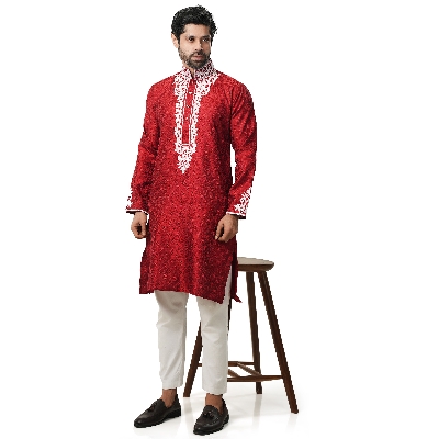 Picture of Indian katan panjabi for men new collection 2024 stylish | Indian wedding panjabi for men red color | Winter panjabi for men