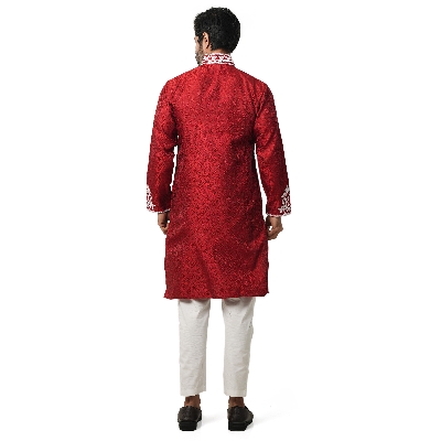 Picture of Indian katan panjabi for men new collection 2024 stylish | Indian wedding panjabi for men red color | Winter panjabi for men