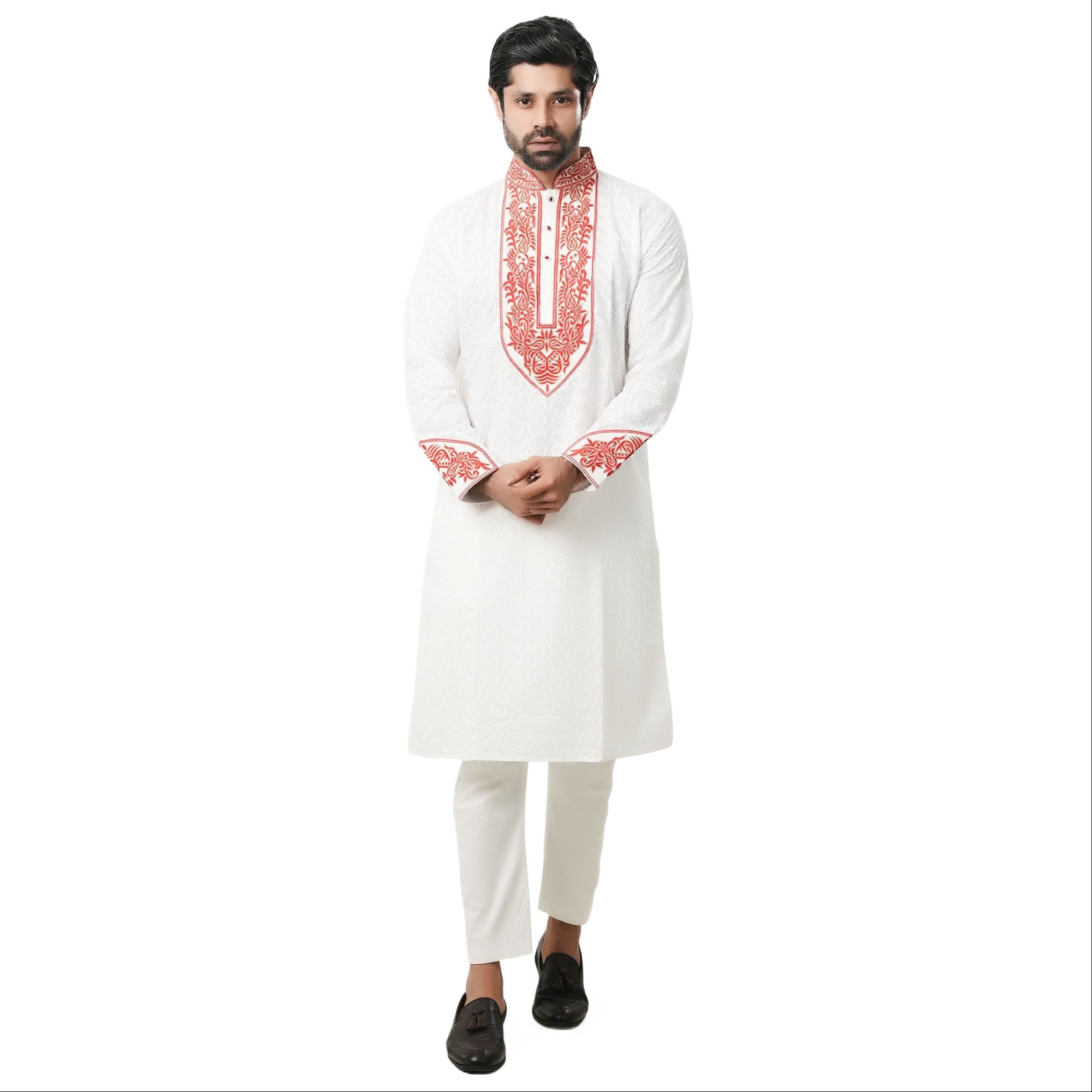 Picture of Premium white and Red Cotton Panjabi For Men | Full embroidery work in panjabi | High quality party panjabi for men at low price |  Brand new collection panjabi for men 2025 - Boisakhi panjabi collection
