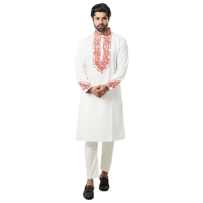 Picture of Premium white and Red Cotton Panjabi For Men | Full embroidery work in panjabi | High quality party panjabi for men at low price |  Brand new collection panjabi for men 2025 - Boisakhi panjabi collection