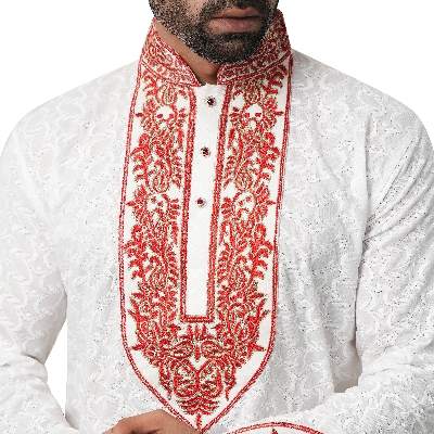 Picture of Premium white and Red Cotton Panjabi For Men | Full embroidery work in panjabi | High quality party panjabi for men at low price |  Brand new collection panjabi for men 2025 - Boisakhi panjabi collection