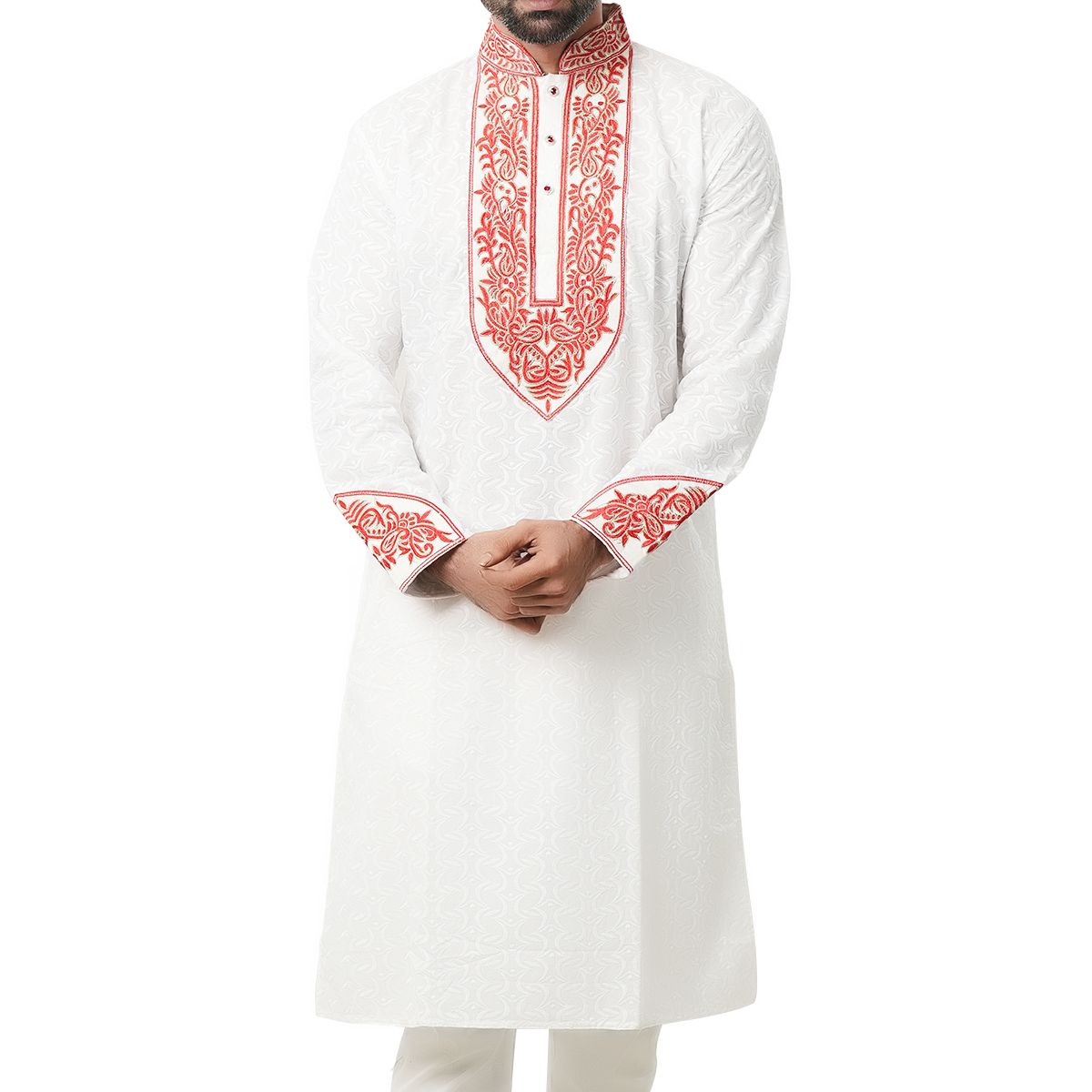 Picture of Premium white and Red Cotton Panjabi For Men | Full embroidery work in panjabi | High quality party panjabi for men at low price |  Brand new collection panjabi for men 2025 - Boisakhi panjabi collection