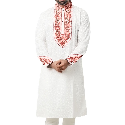 Picture of Premium white and Red Cotton Panjabi For Men | Full embroidery work in panjabi | High quality party panjabi for men at low price |  Brand new collection panjabi for men 2025 - Boisakhi panjabi collection