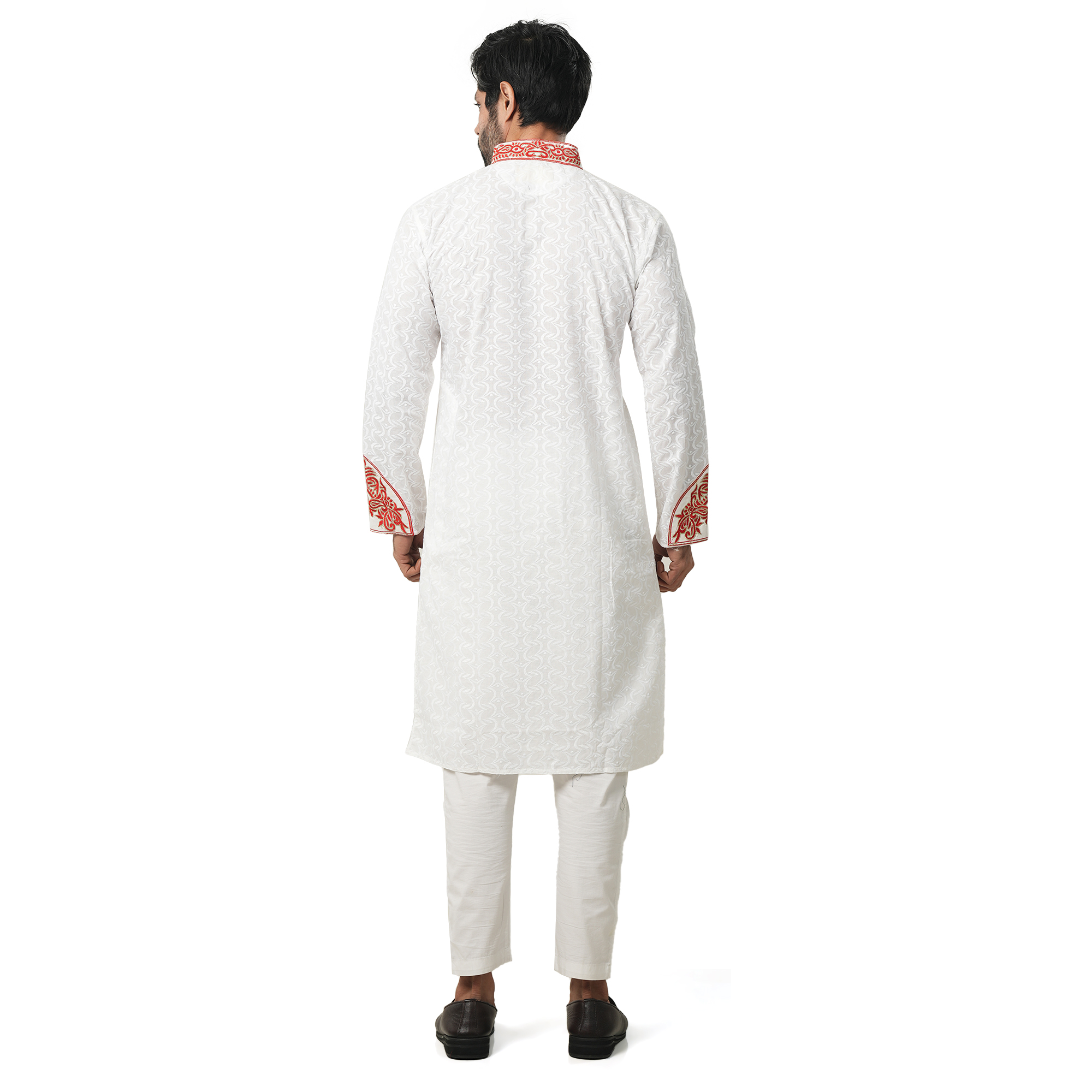 Picture of Premium white and Red Cotton Panjabi For Men | Full embroidery work in panjabi | High quality party panjabi for men at low price |  Brand new collection panjabi for men 2025 - Boisakhi panjabi collection