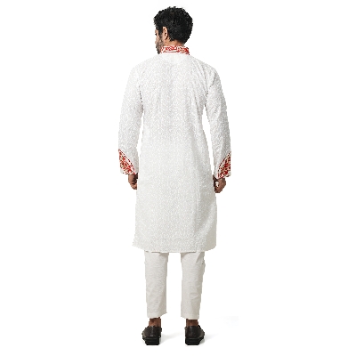 Picture of Premium white and Red Cotton Panjabi For Men | Full embroidery work in panjabi | High quality party panjabi for men at low price |  Brand new collection panjabi for men 2025 - Boisakhi panjabi collection