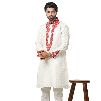 Picture of Stylish white panjabi for men new collection 2024 brand | White and red katan panjabi for men | Party panjabi for men | Premium panjabi for men whiteat low price