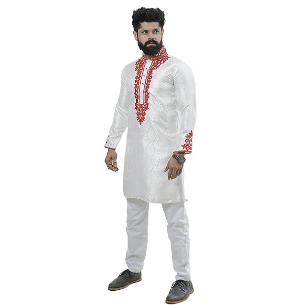 Picture of Stylish white panjabi for men new collection 2024 brand | White and red katan panjabi for men | Party panjabi for men | Premium panjabi for men whiteat low price