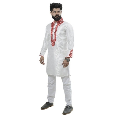 Picture of Stylish white panjabi for men new collection 2024 brand | White and red katan panjabi for men | Party panjabi for men | Premium panjabi for men whiteat low price