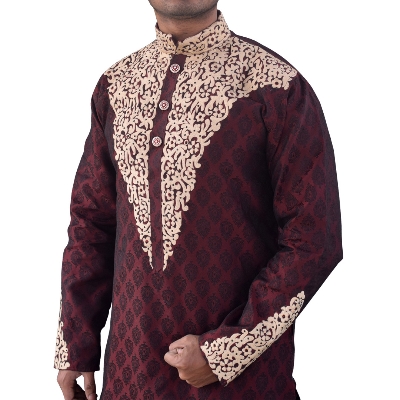 Picture of Indian katan panjabi for men new collection 2024 stylish | Indian wedding panjabi for men maroon color - Party dress for men