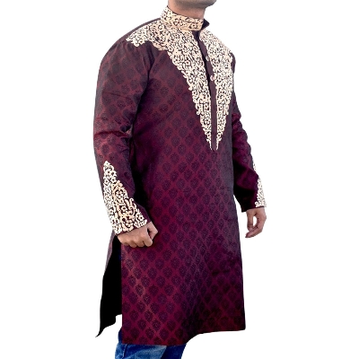 Picture of Indian katan panjabi for men new collection 2024 stylish | Indian wedding panjabi for men maroon color - Party dress for men