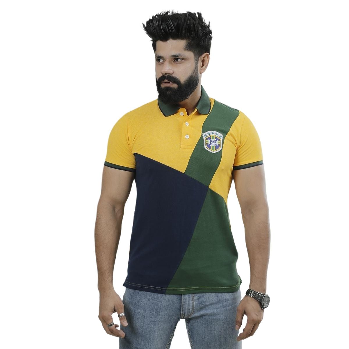 Picture of Blue, green and yellow colour polo t shirt for men | Premium polo t shirt for men new 2024 brand | Brazil supporter polo tshirt