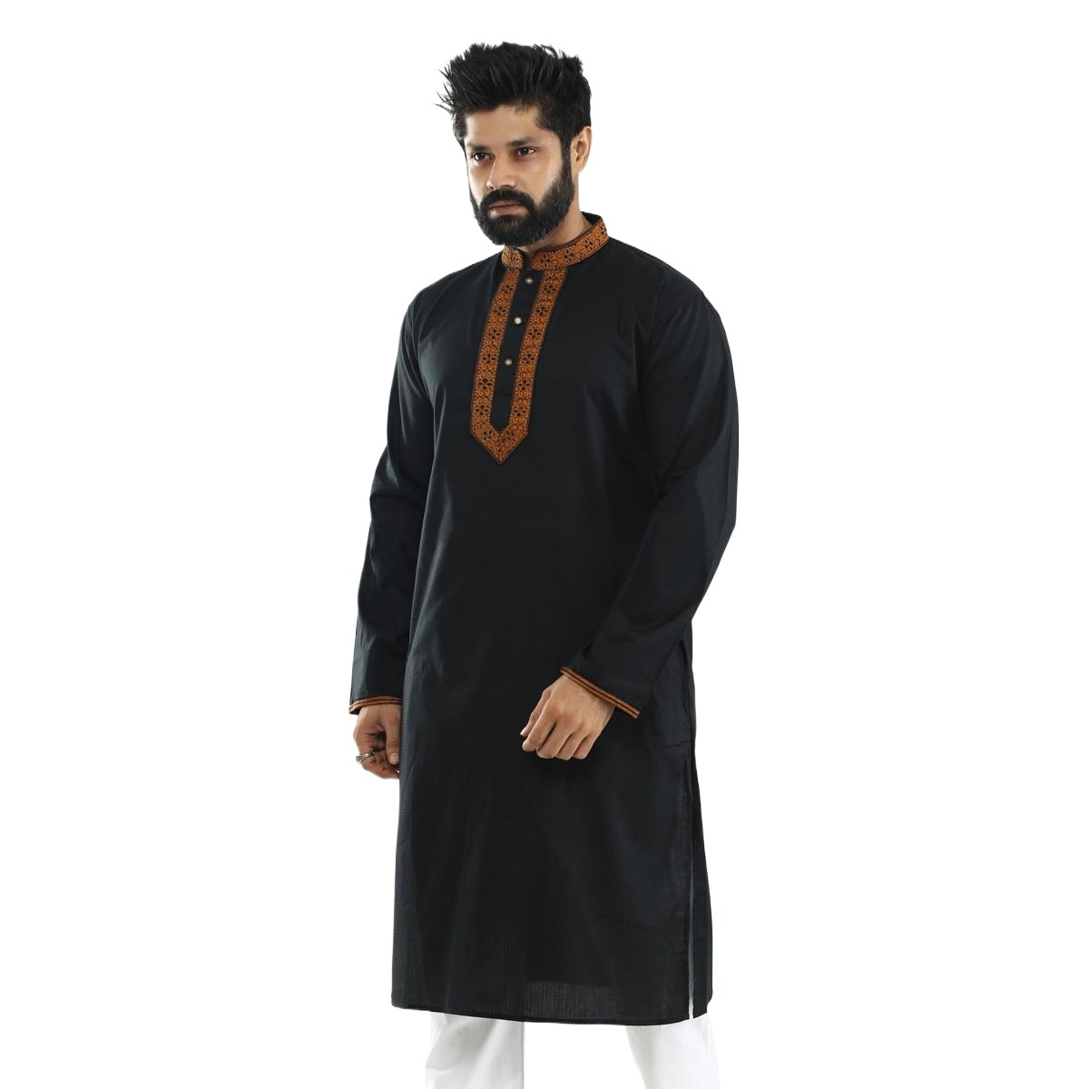 Picture of Full black panjabi for men new collection 2024 | Cotton panjabi for men black | Black embroidery style panjabi for men