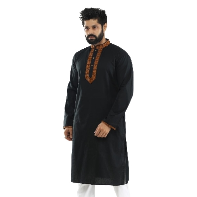 Picture of Full black panjabi for men new collection 2024 | Cotton panjabi for men black | Black embroidery style panjabi for men