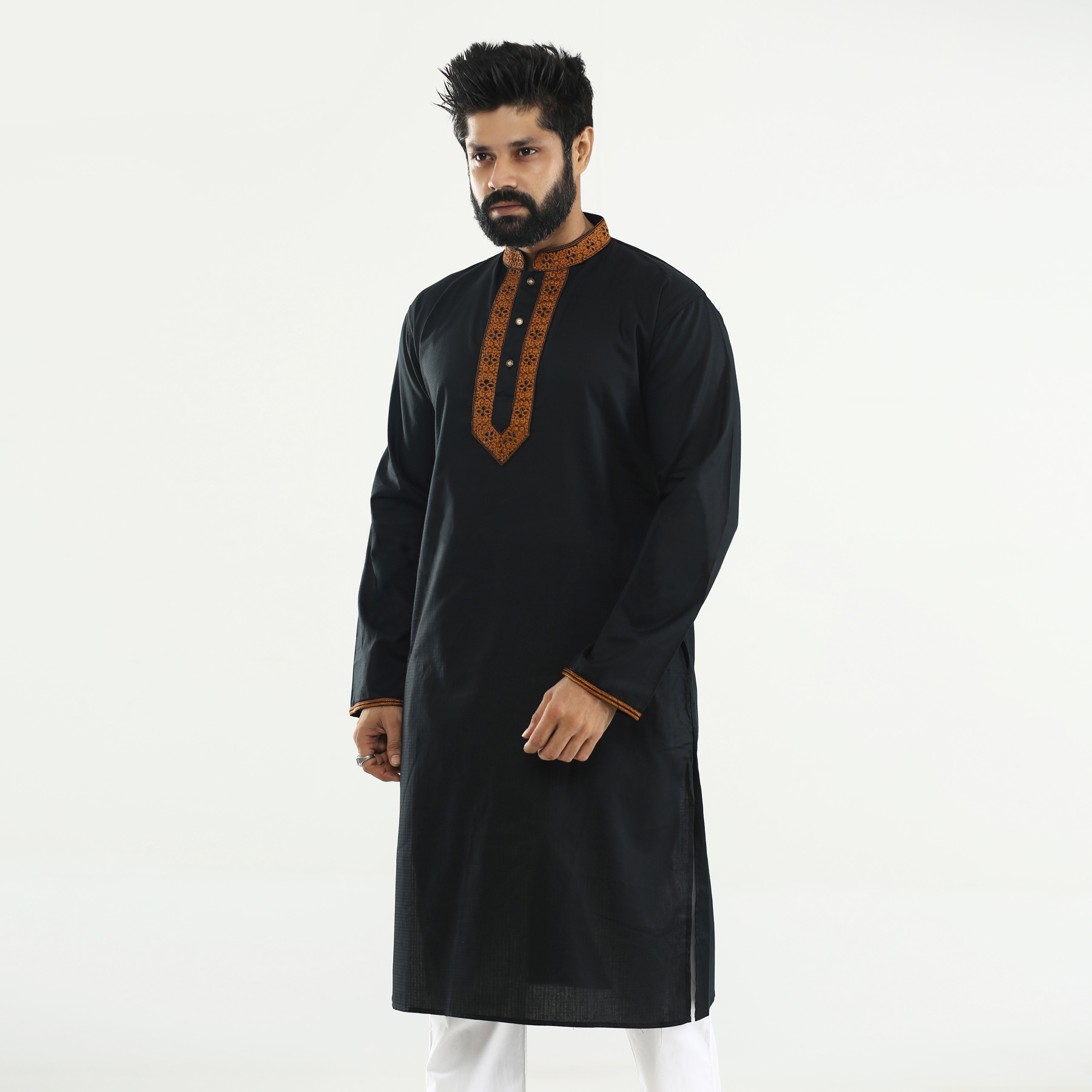 Picture of Full black panjabi for men new collection 2024 | Cotton panjabi for men black | Black embroidery style panjabi for men
