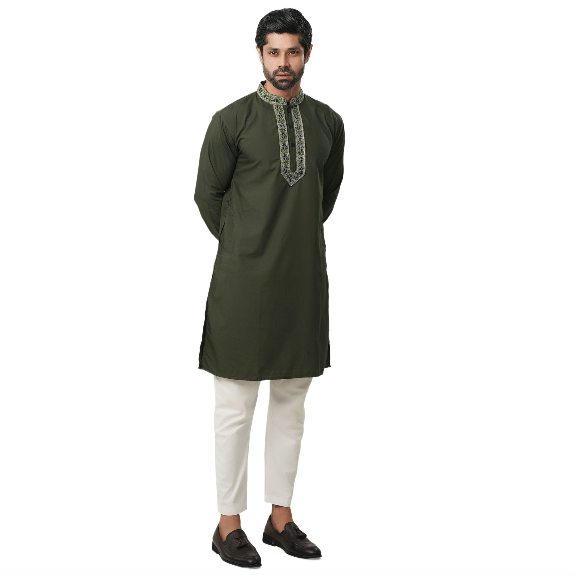 Picture of Panjabi for men cotton olive | premium panjabi for men new collection 2024 | Olive panjabi for men new collection 2024 stylist | panjabi for men new collection 2024 brand