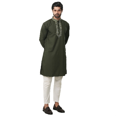 Picture of Panjabi for men cotton olive | premium panjabi for men new collection 2024 | Olive panjabi for men new collection 2024 stylist | panjabi for men new collection 2024 brand