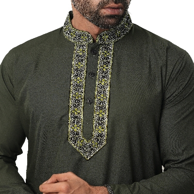 Picture of Panjabi for men cotton olive | premium panjabi for men new collection 2024 | Olive panjabi for men new collection 2024 stylist | panjabi for men new collection 2024 brand