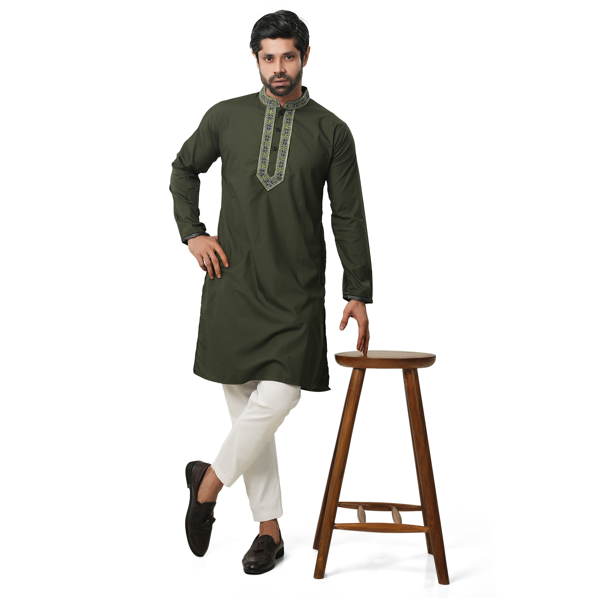 Picture of Panjabi for men cotton olive | premium panjabi for men new collection 2024 | Olive panjabi for men new collection 2024 stylist | panjabi for men new collection 2024 brand