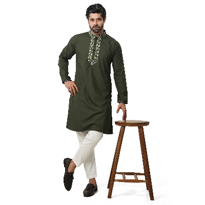 Picture of Panjabi for men cotton olive | premium panjabi for men new collection 2024 | Olive panjabi for men new collection 2024 stylist | panjabi for men new collection 2024 brand