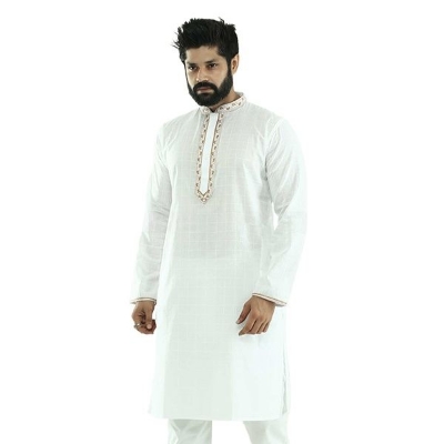 Picture of Premium white cotton panjabi with golden embroidery design for men | Indian chicken panjabi for men new collection 2024 | High quality soft cotton panjabi