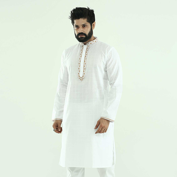 Picture of Premium white cotton panjabi with golden embroidery design for men | Indian chicken panjabi for men new collection 2024 | High quality soft cotton panjabi