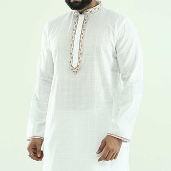 Picture of Premium white cotton panjabi with golden embroidery design for men | Indian chicken panjabi for men new collection 2024 | High quality soft cotton panjabi