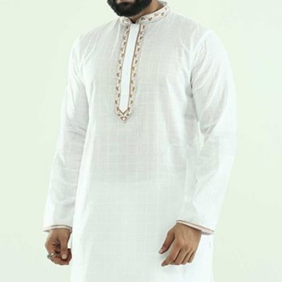 Picture of Premium white cotton panjabi with golden embroidery design for men | Indian chicken panjabi for men new collection 2024 | High quality soft cotton panjabi