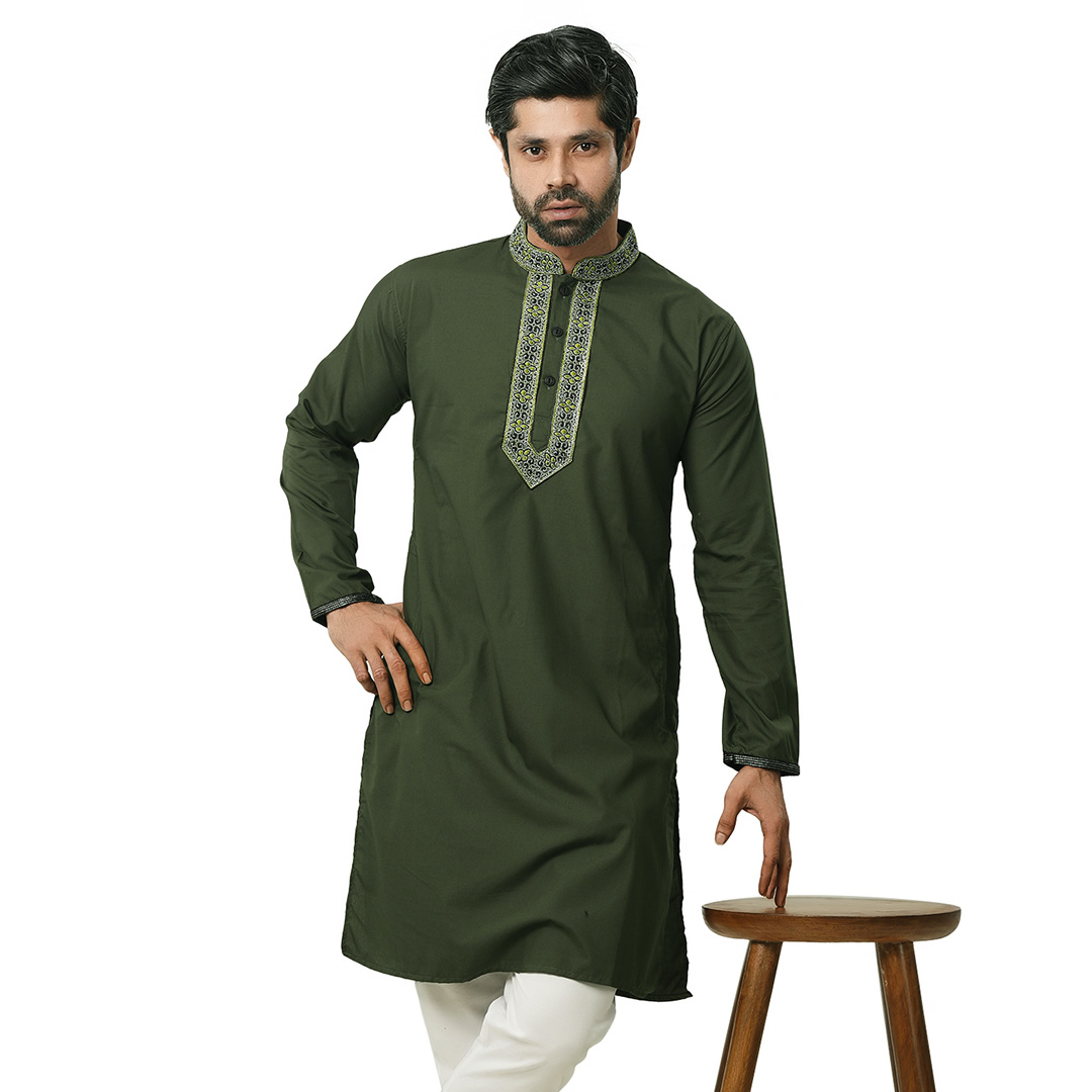 Picture of Olive green panjabi for men cotton | Panjabi for men high quality | Panjabi for men low price | Long Panjabi for men new collection 2024 brand