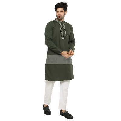 Picture of Olive green panjabi for men cotton | Panjabi for men high quality | Panjabi for men low price | Long Panjabi for men new collection 2024 brand