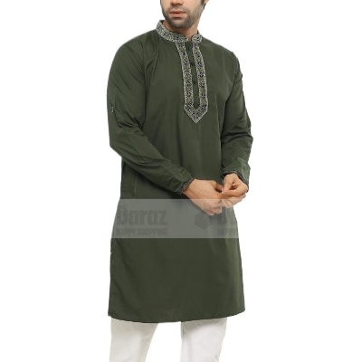 Picture of Olive green panjabi for men cotton | Panjabi for men high quality | Panjabi for men low price | Long Panjabi for men new collection 2024 brand