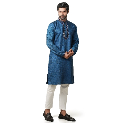 Picture of Blue Panjabi for men new collection 2024 | Semi long blue color panjabi for men stylist