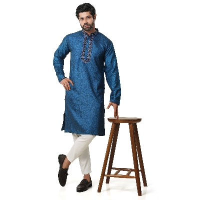 Picture of Blue Panjabi for men new collection 2024 | Semi long blue color panjabi for men stylist