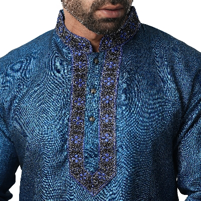 Picture of Blue Panjabi for men new collection 2024 | Semi long blue color panjabi for men stylist