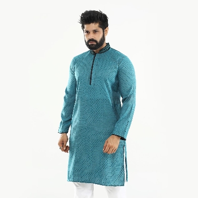 Picture of Cyan and black panjabi for men new collection 2024 stylist | cotton panjabi for men new collection 2024 | Printed casual panjabi collection low price