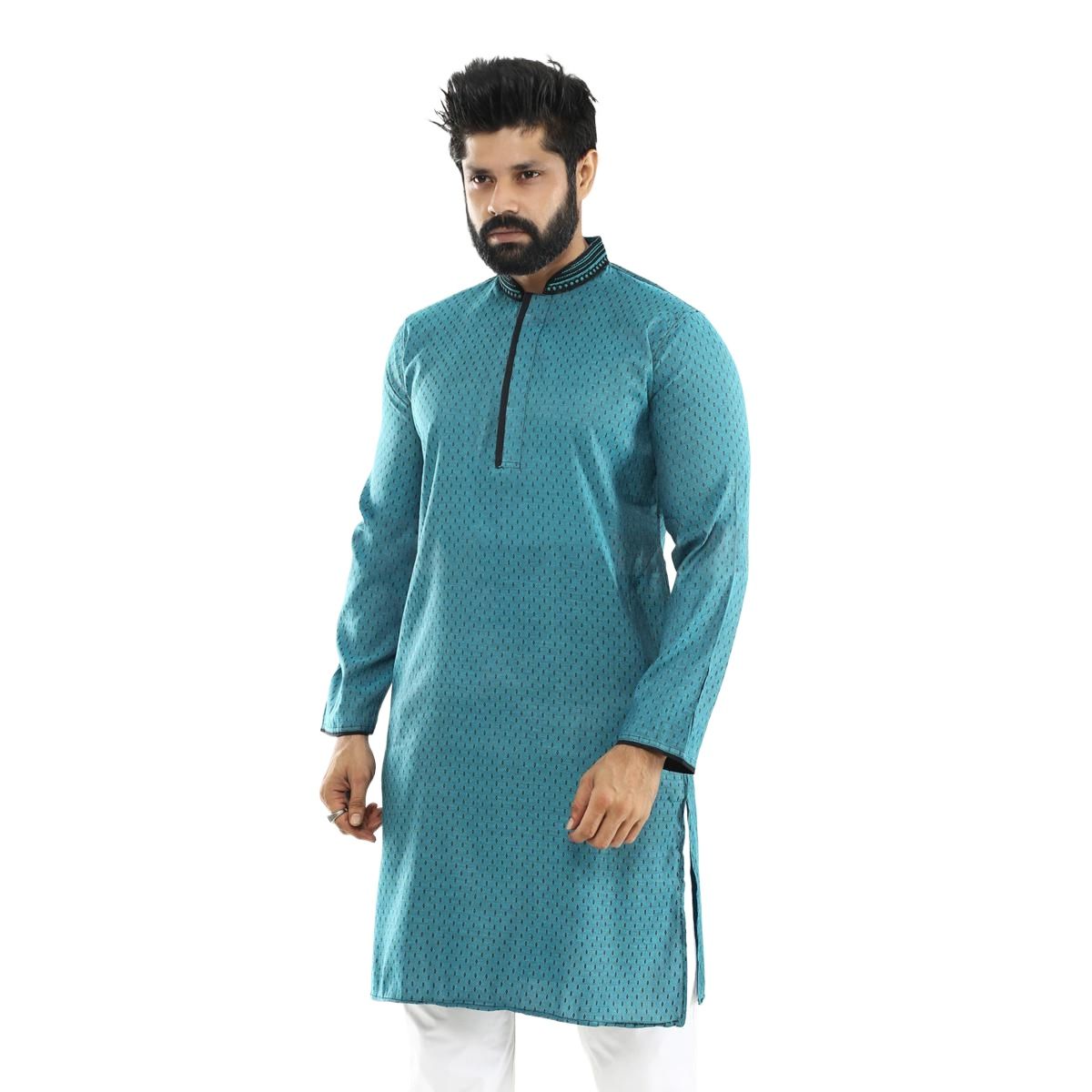 Picture of Cyan and black panjabi for men new collection 2024 stylist | cotton panjabi for men new collection 2024 | Printed casual panjabi collection low price