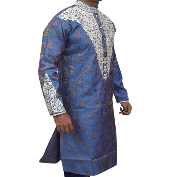 Picture of Blue katan panjabi for men | High quality panjabi for men stylish | Indian panjabi for men new collection 2024 | Wedding panjabi - Party dress for men