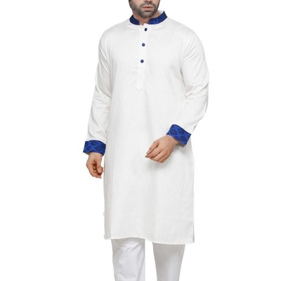 Picture of White panjabi for men new collection 2023 | Cotton panjabi for men white | White panjabi with blue contrast