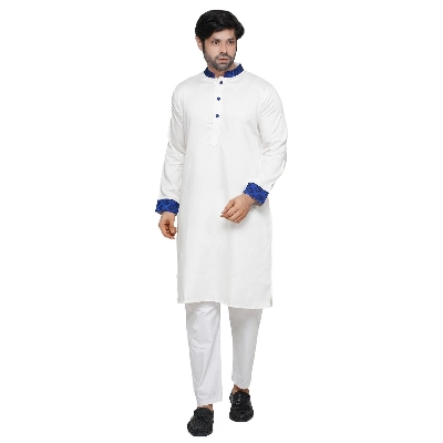 Picture of White panjabi for men new collection 2023 | Cotton panjabi for men white | White panjabi with blue contrast