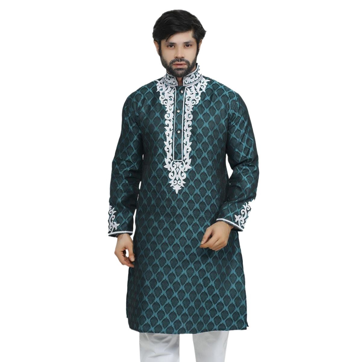Picture of Indian katan panjabi for men new collection 2024 stylish | Indian wedding panjabi for men olive color