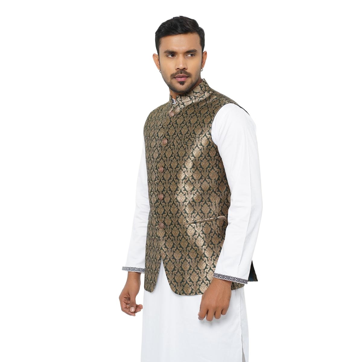 Picture of Green and golden waist coat and vest for men | Premium panjabi koti for men golden colour - Wedding dress and party dress for men