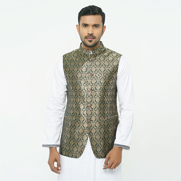 Picture of Green and golden waist coat and vest for men | Premium panjabi koti for men golden colour - Wedding dress and party dress for men