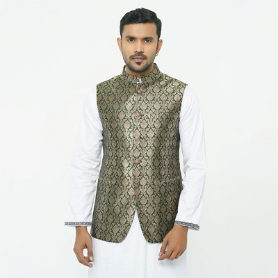 Picture of Green and golden waist coat and vest for men | Premium panjabi koti for men golden colour - Wedding dress and party dress for men