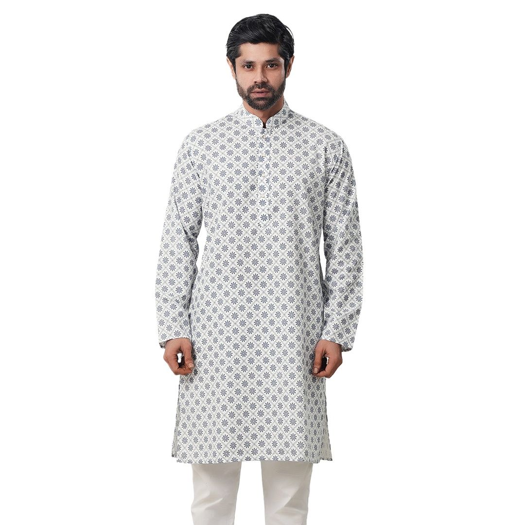 Picture of Blue and white panjabi for men new collection 2024 eid | Printed cotton panjabi for men high quality - Mens panjabi white