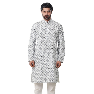 Picture of Blue and white panjabi for men new collection 2024 eid | Printed cotton panjabi for men high quality - Mens panjabi white