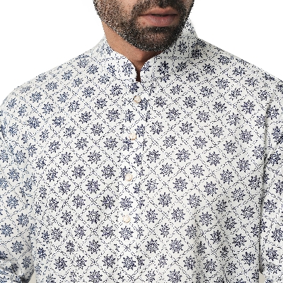 Picture of Blue and white panjabi for men new collection 2024 eid | Printed cotton panjabi for men high quality - Mens panjabi white